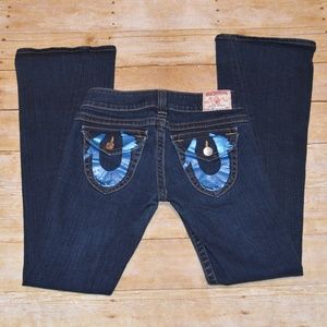 TRUE RELIGION Joey Dark Wash Blue Foil Logo Flap Pocket Flare Jeans Size 28